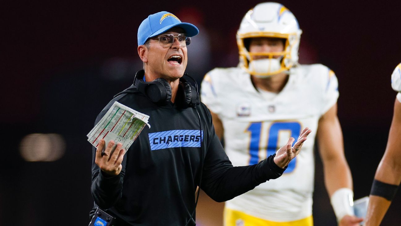 Chargers, Harbaugh frustrated by lack of calls for Herbert